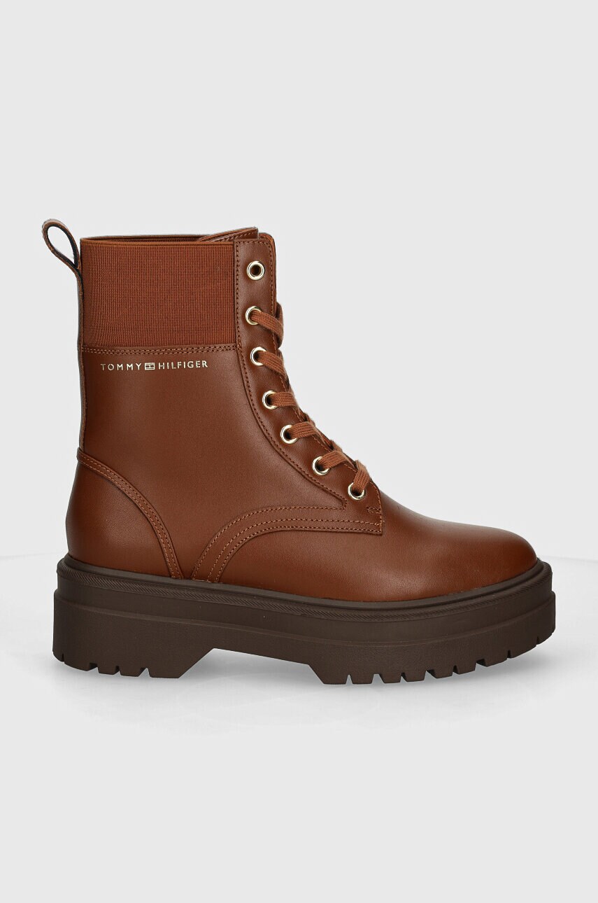 Черевики Tommy Hilfiger LEATHER ELASTIC RIB LACEUP жіночі колір коричневий на плоскому ходу FW0FW08440
