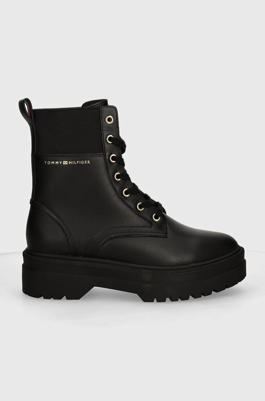Черевики Tommy Hilfiger LEATHER ELASTIC RIB LACEUP жіночі колір чорний на плоскому ходу FW0FW08440