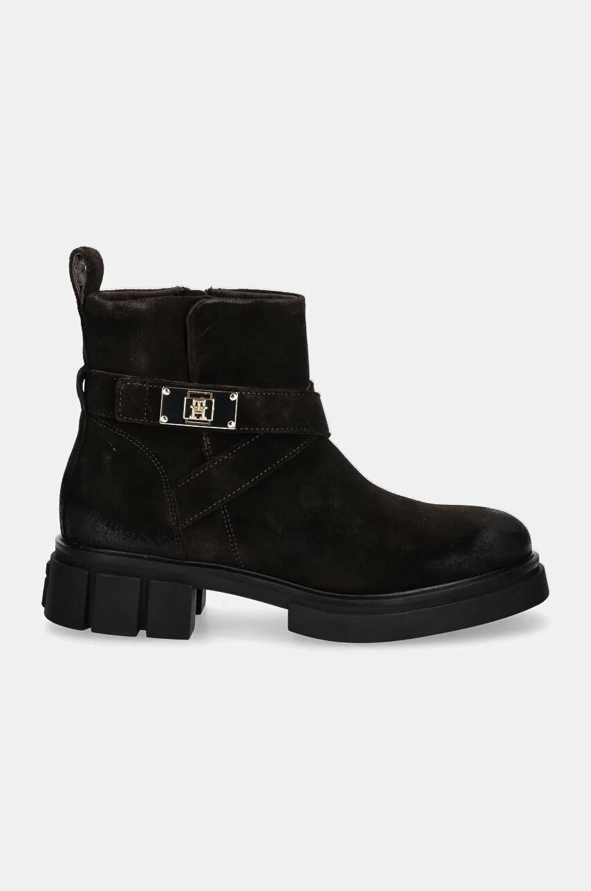 Замшеві черевики Tommy Hilfiger BIKER BRUSHED SUEDE жіночі колір коричневий на плоскому ходу FW0FW08454