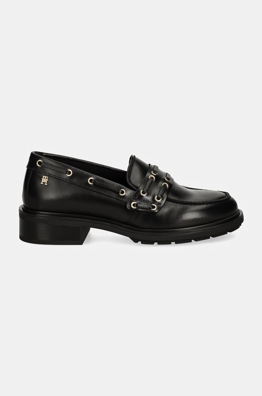 Купити Шкіряні мокасини Tommy Hilfiger NAUTICAL EYELETS LEATHER LOAFER жіночі колір чорний на платформі FW0FW08148 – головне зображення