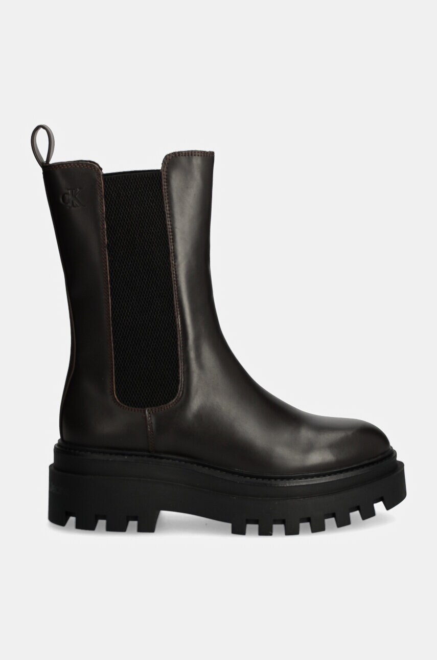 Шкіряні черевики Calvin Klein Jeans FLATFORM CHELSEA BOOT MG LTH жіночі колір коричневий на платформі YW0YW01542