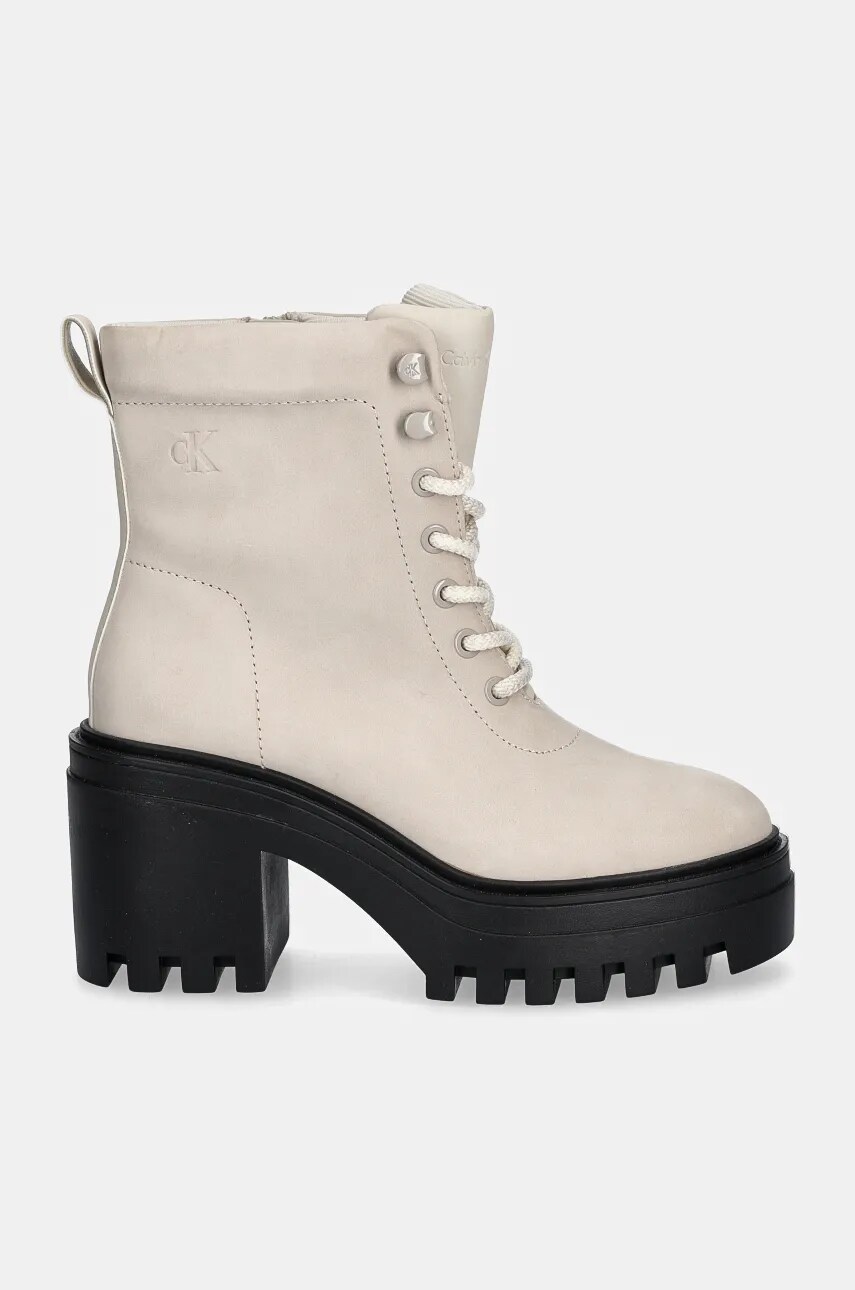 Черевики Calvin Klein Jeans CHUNKY HEELED ZIP BOOT LTH жіночі колір бежевий каблук блок YW0YW01548