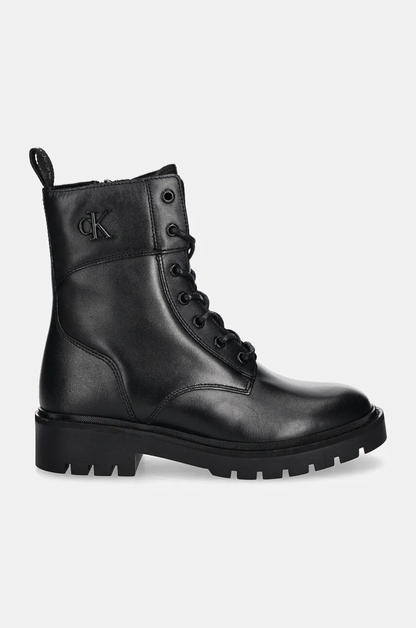 Шкіряні черевики Calvin Klein Jeans COMBAT BOOT MID ZIP LTH IN CALF жіночі колір чорний на плоскому ходу YW0YW01550