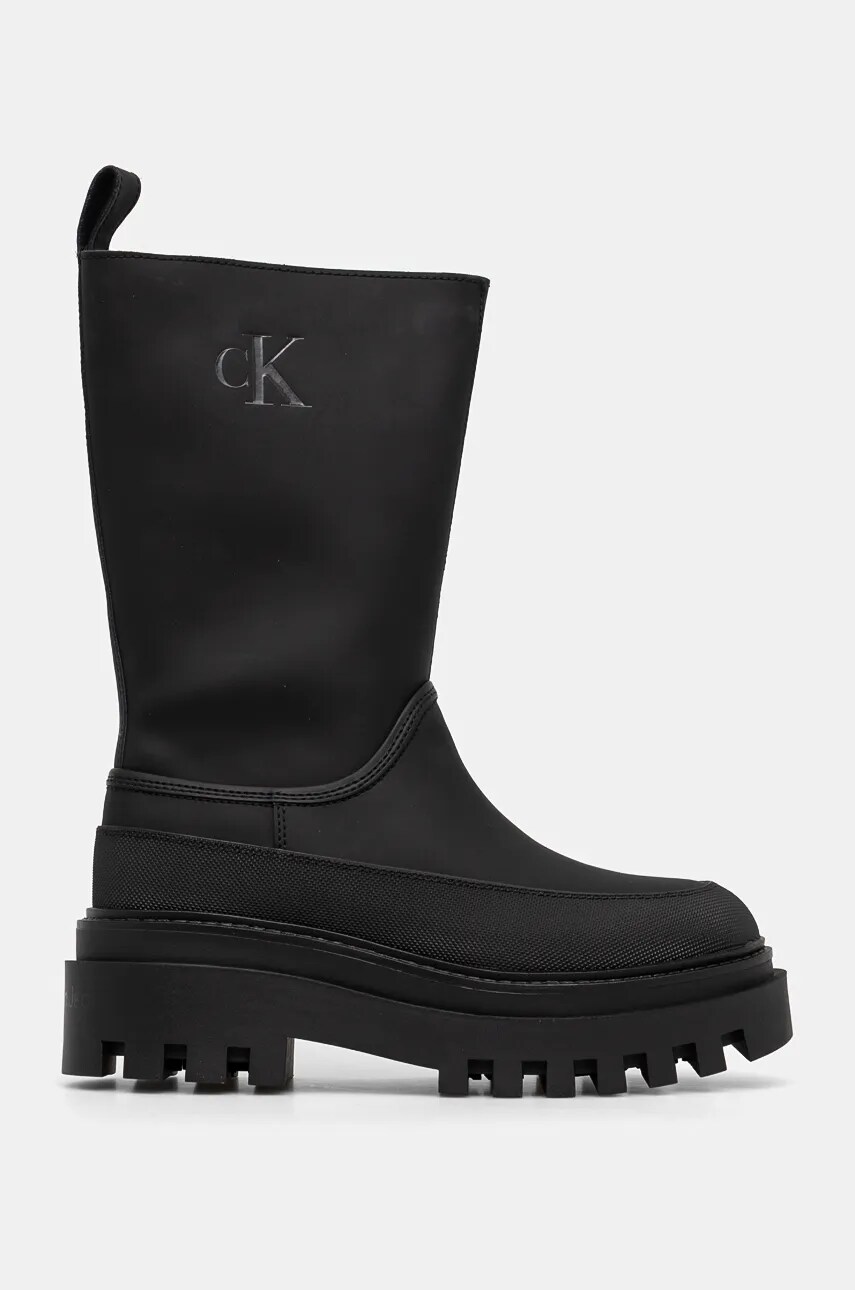 Гумові чоботи Calvin Klein Jeans FLATFORM RAINBOOT HIGH MG R жіночі колір чорний YW0YW01559