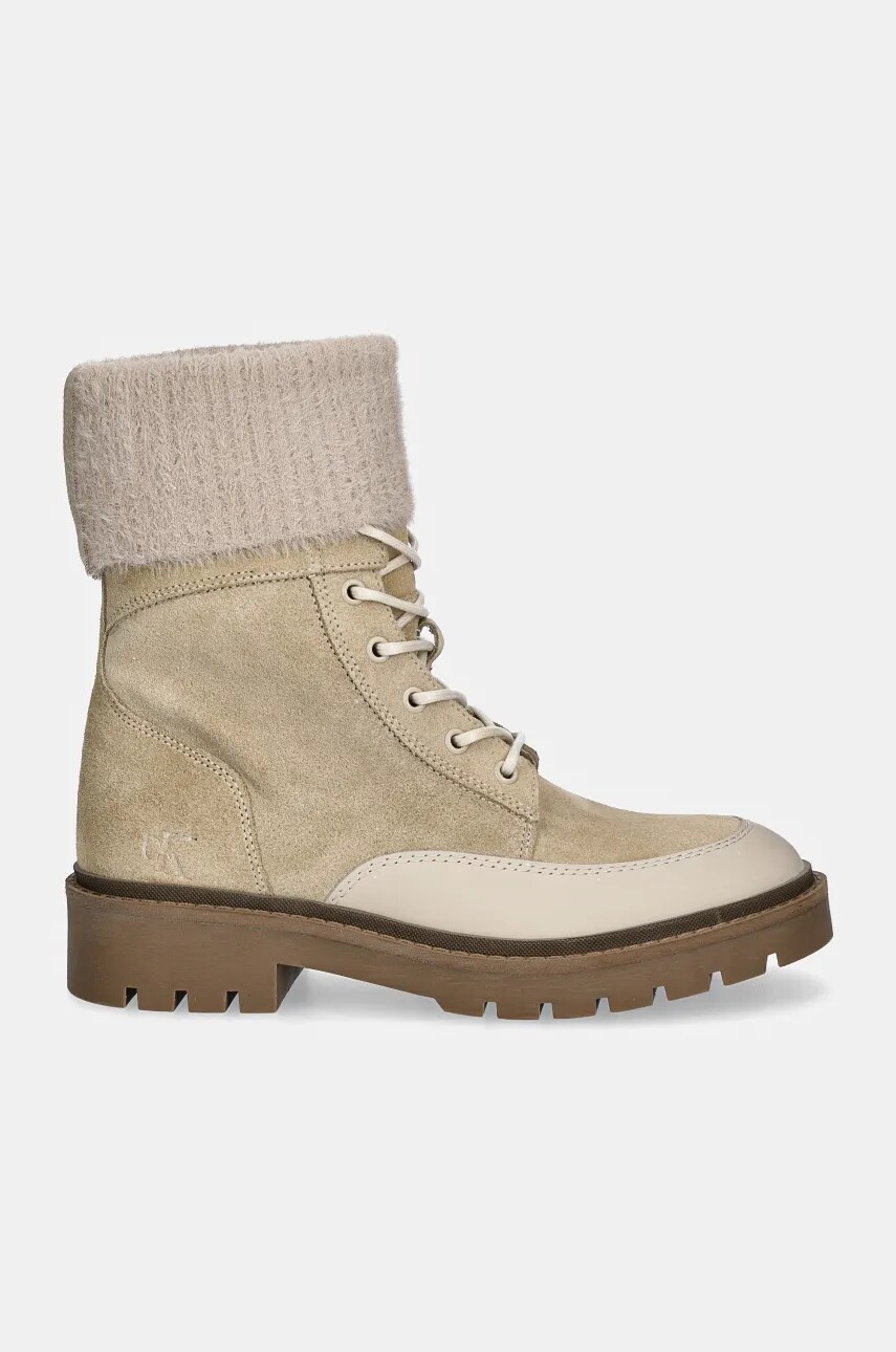 Черевики Calvin Klein Jeans COMBAT MID LACE UP BOOT WL жіночі колір бежевий на плоскому ходу YW0YW01599