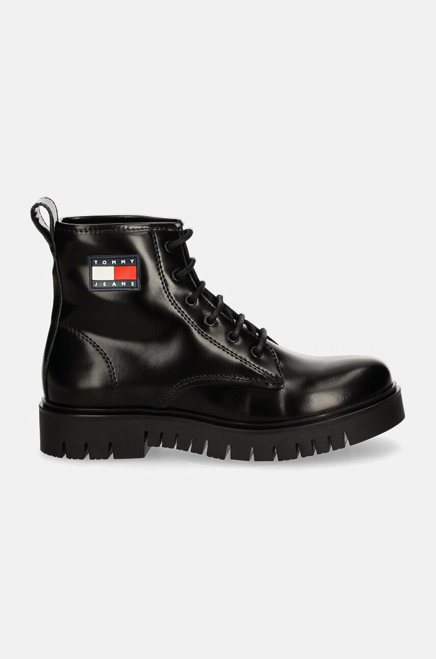 Шкіряні черевики Tommy Jeans TJW LACE UP BOOT жіночі колір чорний на платформі EN0EN02624