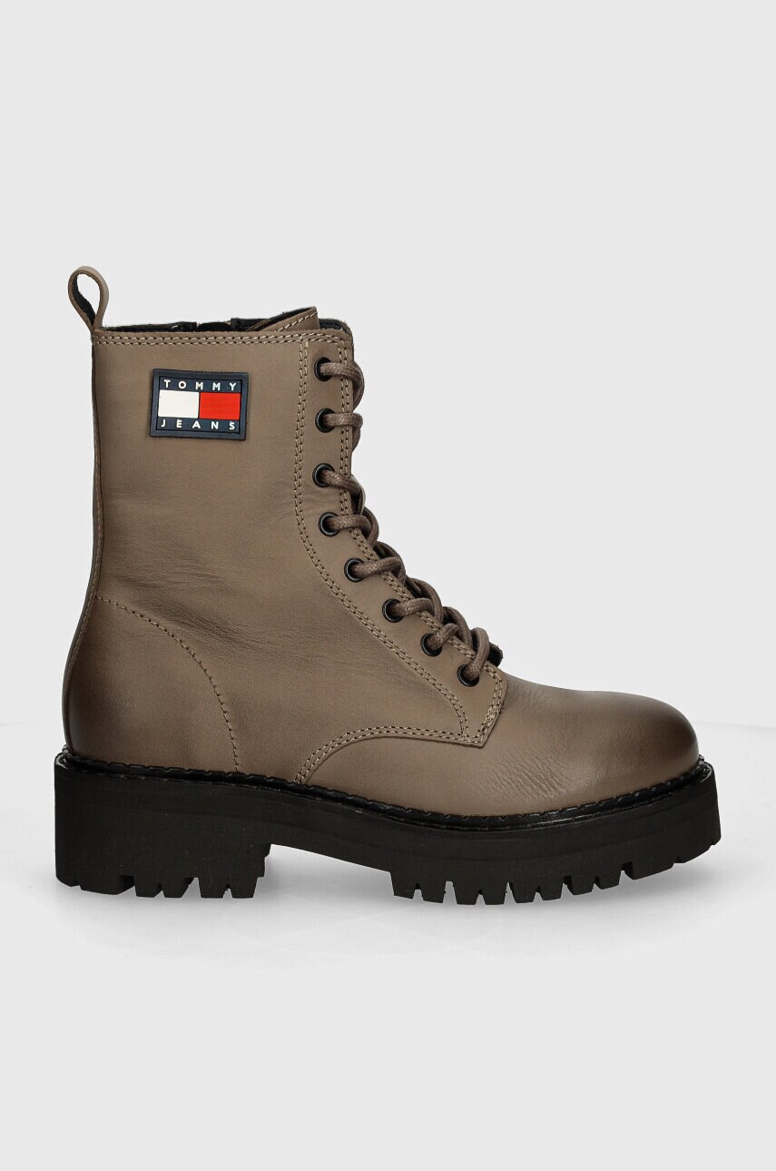 Шкіряні черевики Tommy Jeans TJW URBAN LACE UP BOOT жіночі колір бежевий на плоскому ходу EN0EN02628