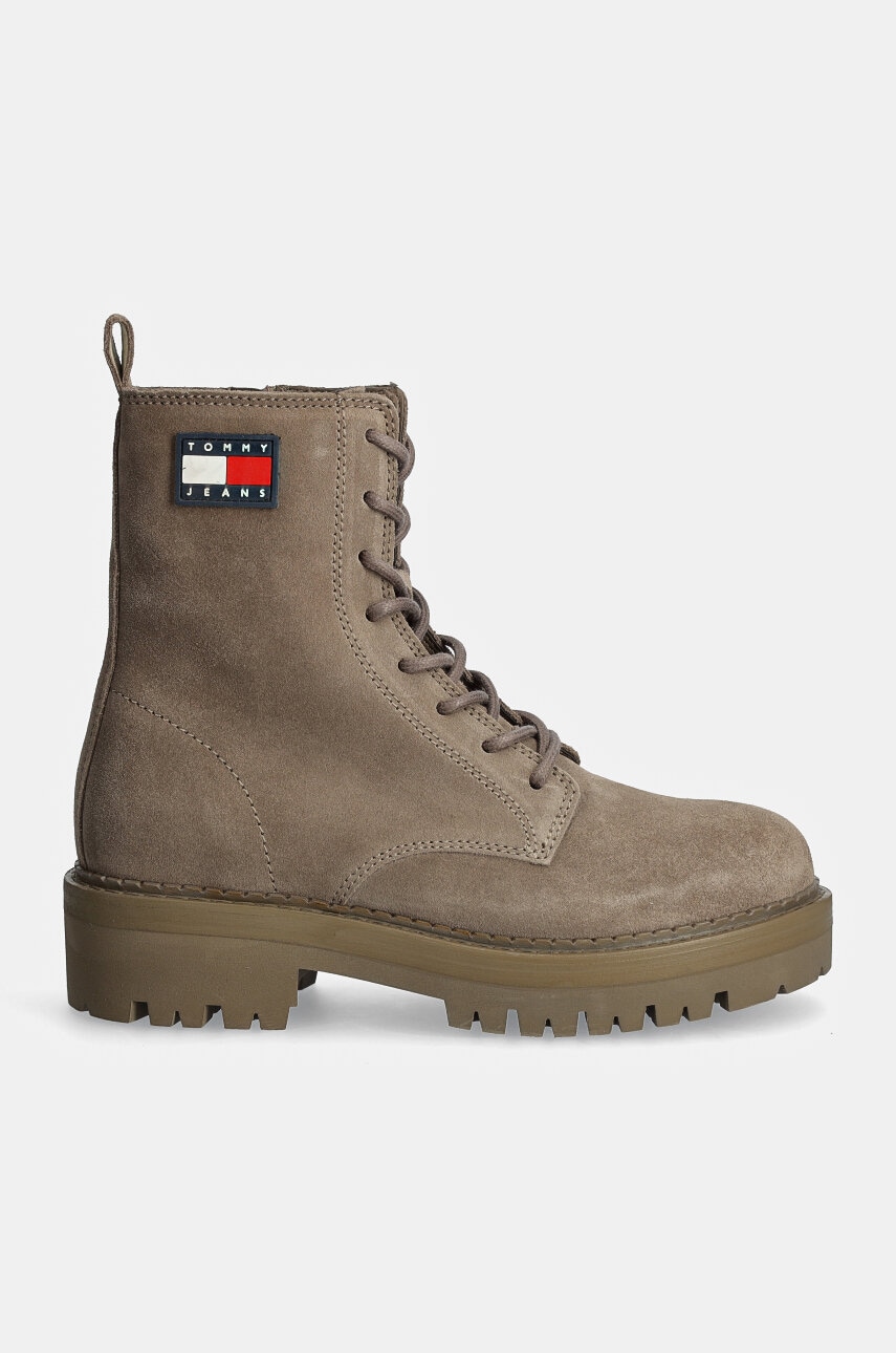 Черевики Tommy Jeans TJW URBAN LACE UP SUEDE жіночі колір бежевий на плоскому ходу EN0EN02630