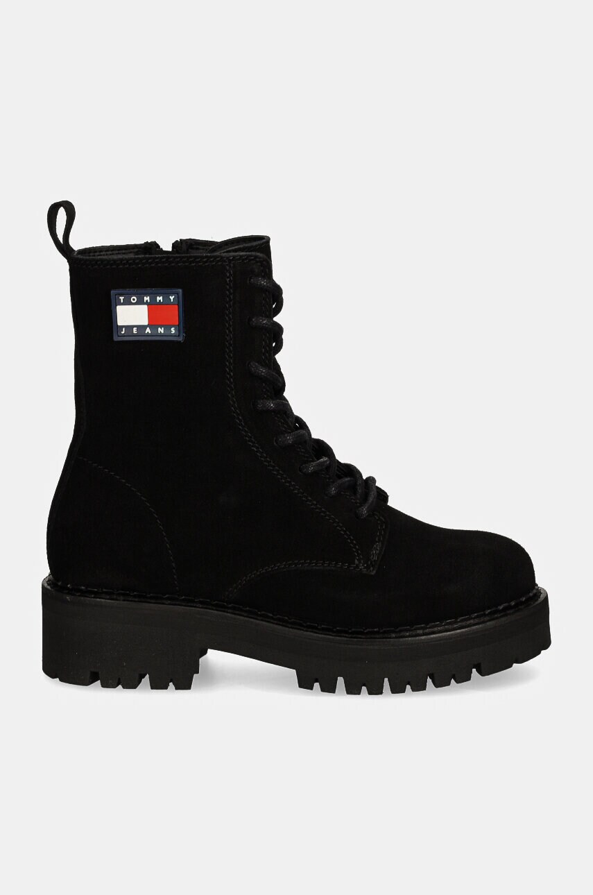 Черевики Tommy Jeans TJW URBAN LACE UP SUEDE жіночі колір чорний на плоскому ходу EN0EN02630