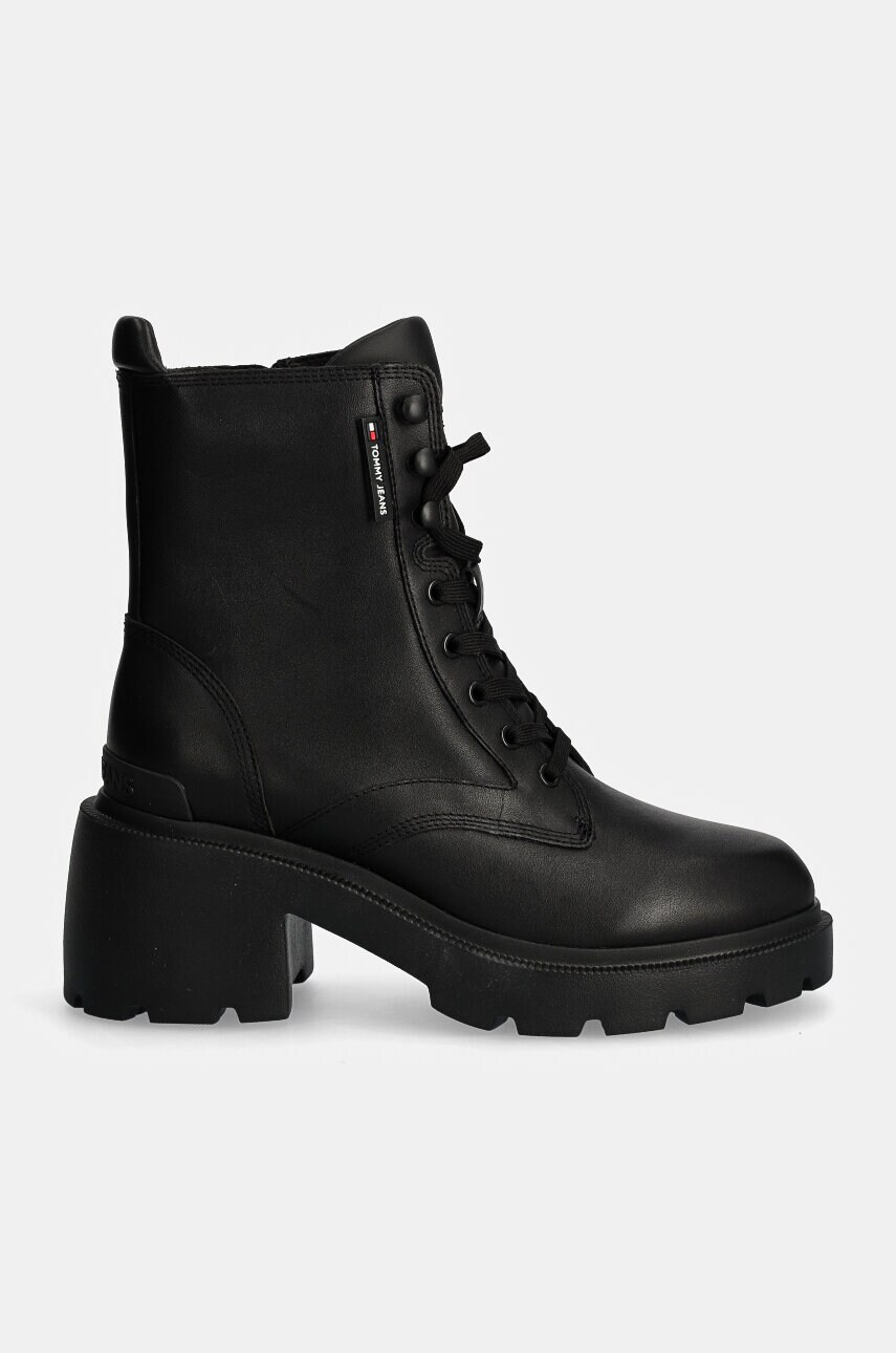 Черевики Tommy Jeans TJW MID HEEL BOOT LEATHER жіночі колір чорний каблук блок EN0EN02640