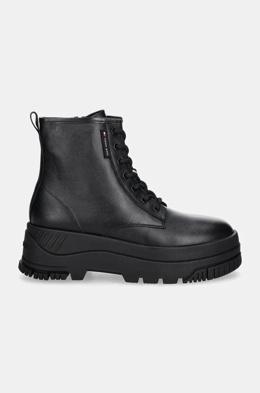 Шкіряні черевики Tommy Jeans TJW LACE UP FLATFORM BOOT жіночі колір чорний на платформі EN0EN02665