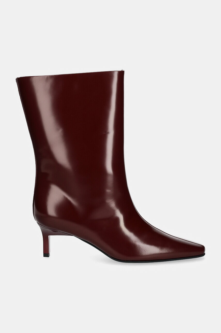 Шкіряні черевики Calvin Klein HEEL MID BOOT 50 LTH жіночі колір бордовий на шпильці HW0HW02151