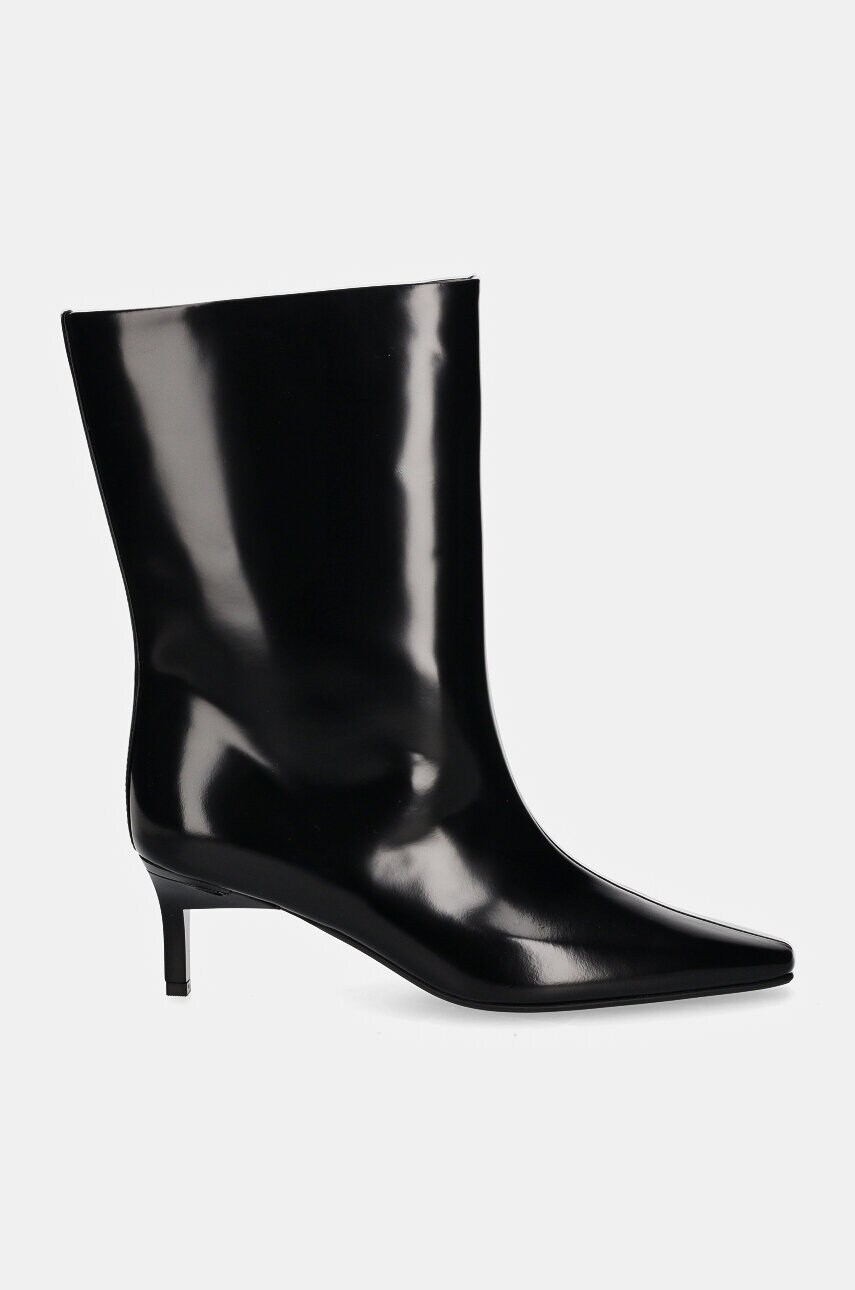 Шкіряні черевики Calvin Klein HEEL MID BOOT 50 LTH жіночі колір чорний на шпильці HW0HW02151