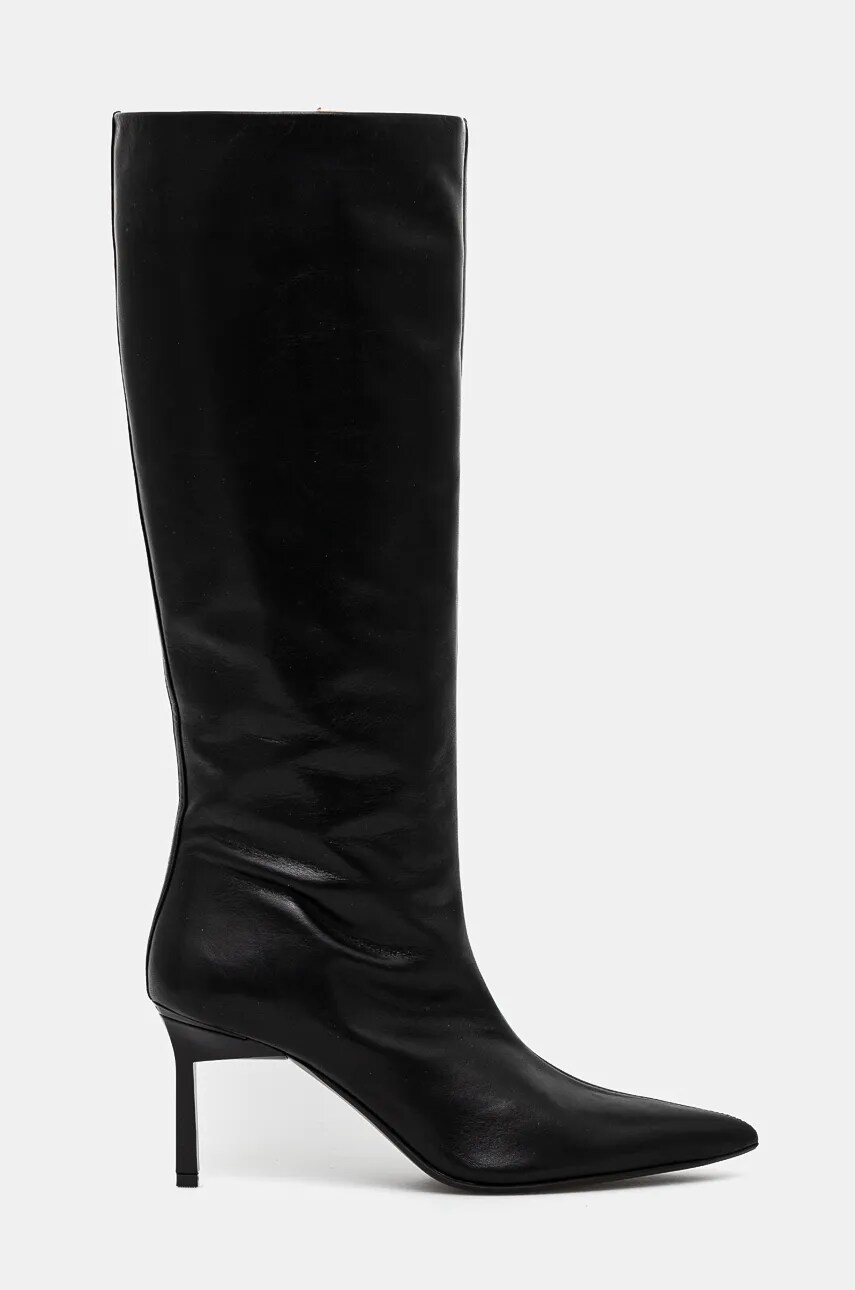 Шкіряні чоботи Calvin Klein HEEL KNEE BOOT 70 LTH жіночі колір чорний на шпильці HW0HW02162