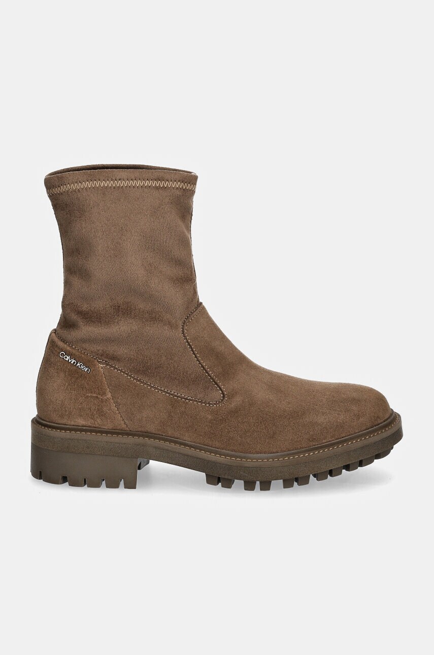Замшеві черевики Calvin Klein FLAT SOCK BOOT SUE MIX жіночі колір коричневий на плоскому ходу HW0HW02199