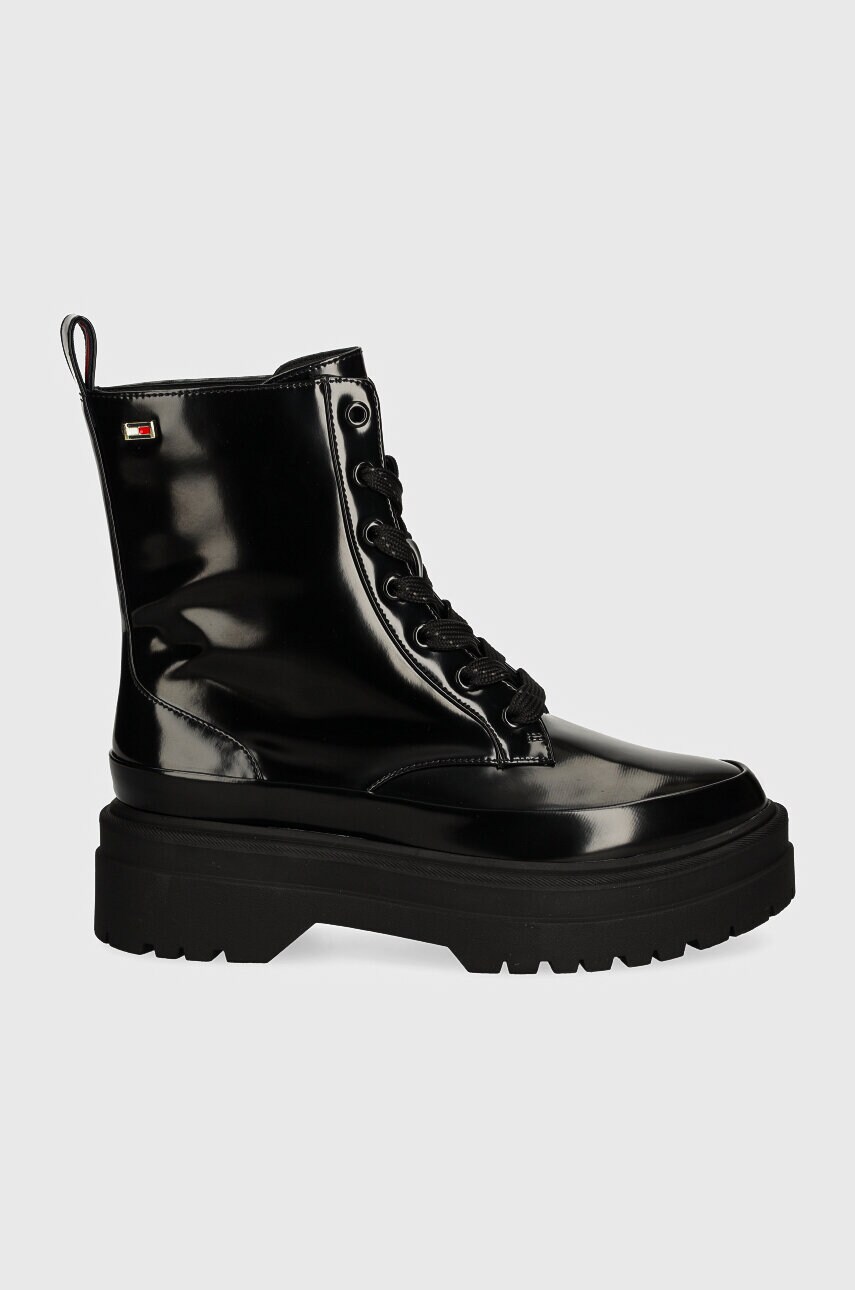 Черевики Tommy Hilfiger FLAG RAIN LACE UP BOOT жіночі колір чорний на платформі FW0FW07953