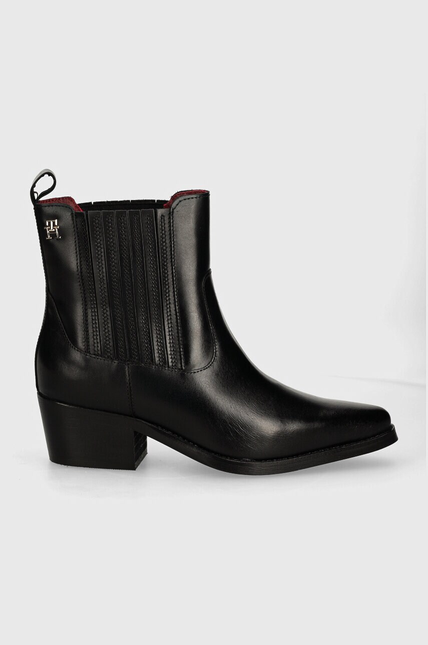 Шкіряні черевики Tommy Hilfiger TH LEATHER COWBOY BOOT жіночі колір чорний каблук блок FW0FW08033