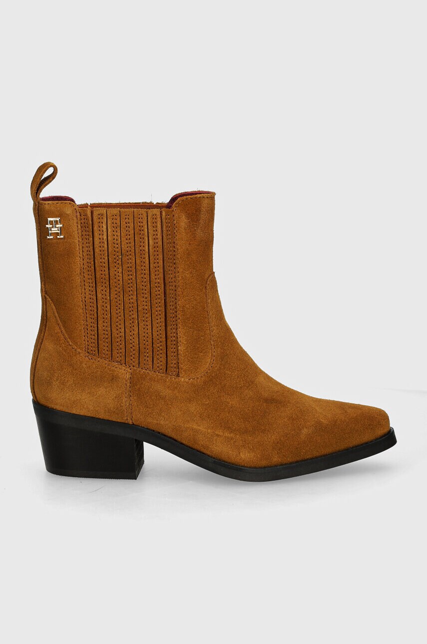 Замшеві черевики Tommy Hilfiger TH SUEDE COWBOY BOOT жіночі колір коричневий каблук блок FW0FW08034