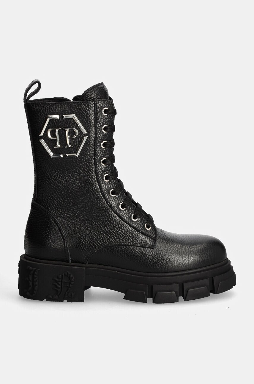 Шкіряні черевики Philipp Plein Embossed Army Boot жіночі колір чорний на платформі WSE0811 PLE010N 02