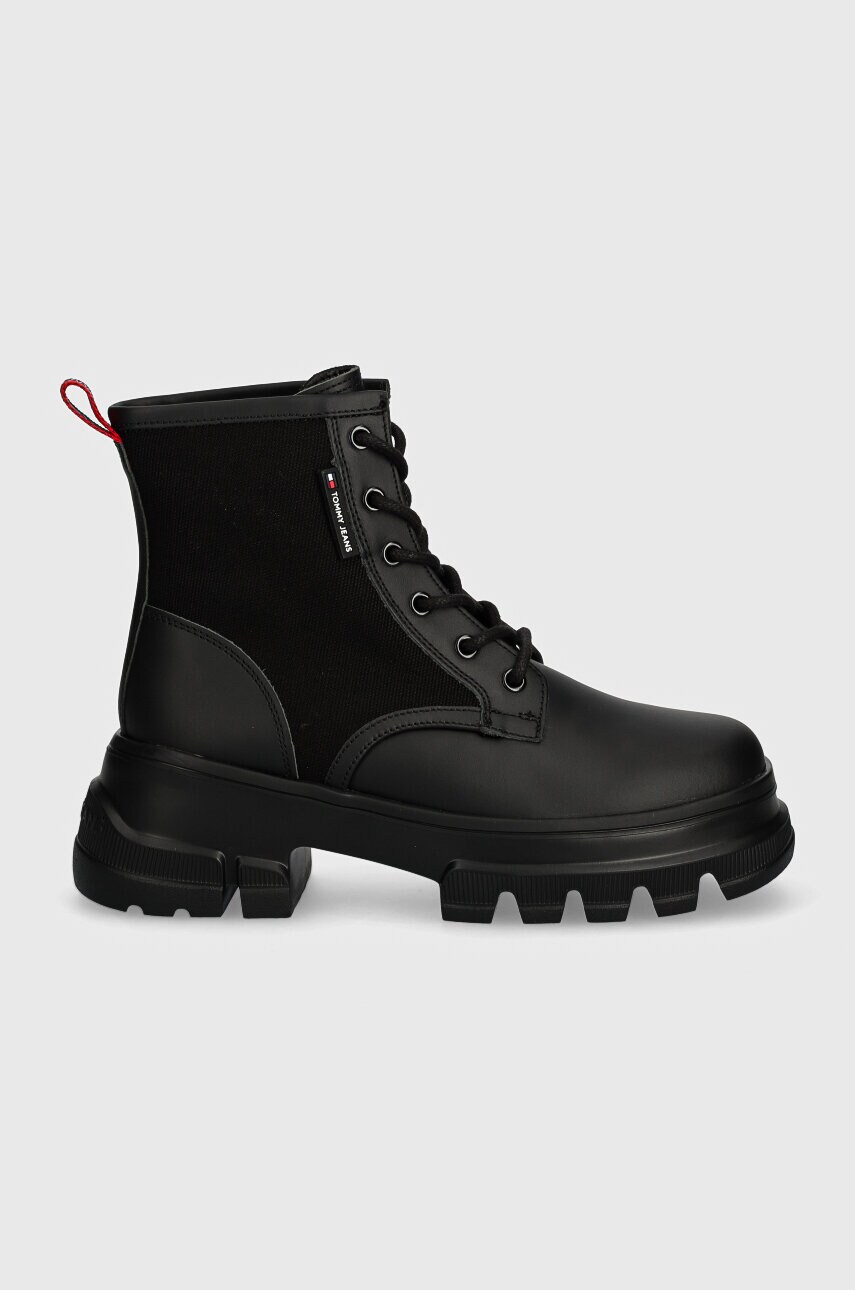 Черевики Tommy Jeans TJW CHUNKY LACE UP BOOT MIX MAT жіночі колір чорний на платформі EN0EN02554