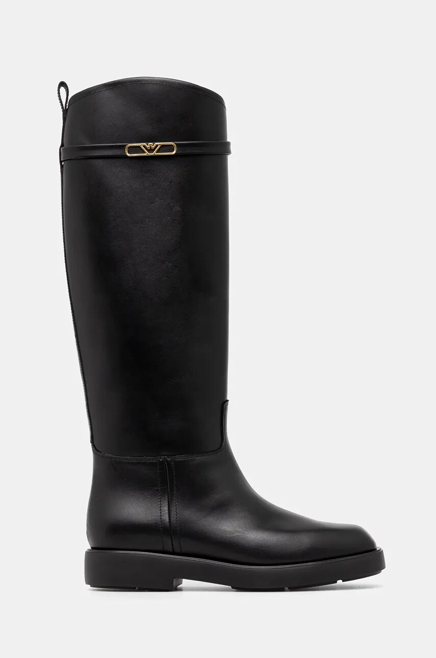 Шкіряні чоботи Emporio Armani жіночі колір чорний на плоскому ходу EW000422 AF11991 UC001