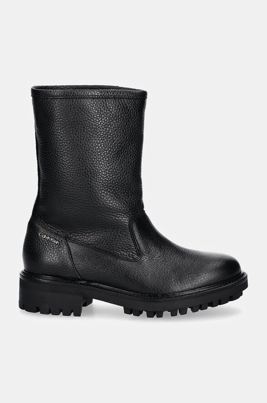 Шкіряні черевики Calvin Klein FLAT BIKER BOOT LTH жіночі колір чорний на платформі HW0HW02234