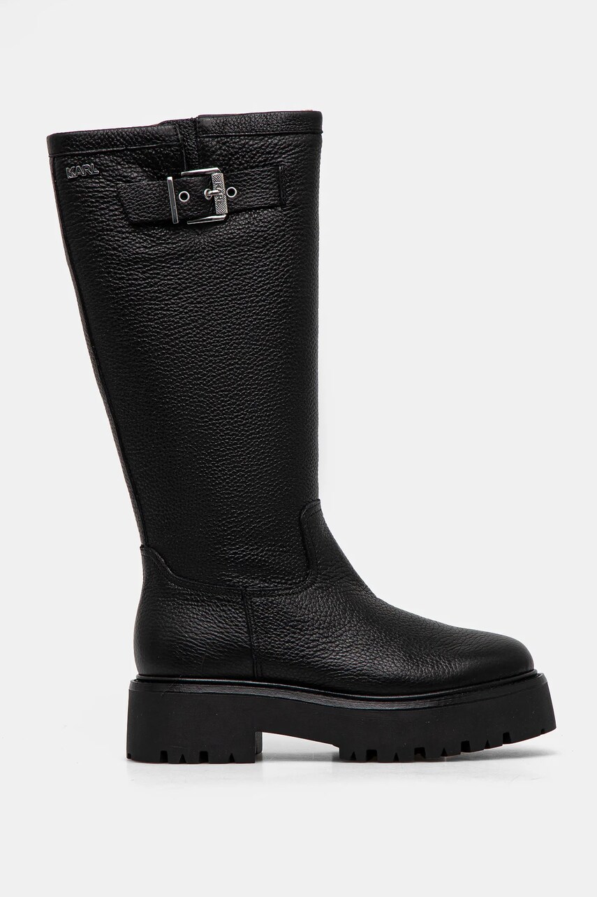 Шкіряні чоботи Karl Lagerfeld BURLY BIKER жіночі колір чорний на плоскому ходу KL43490W