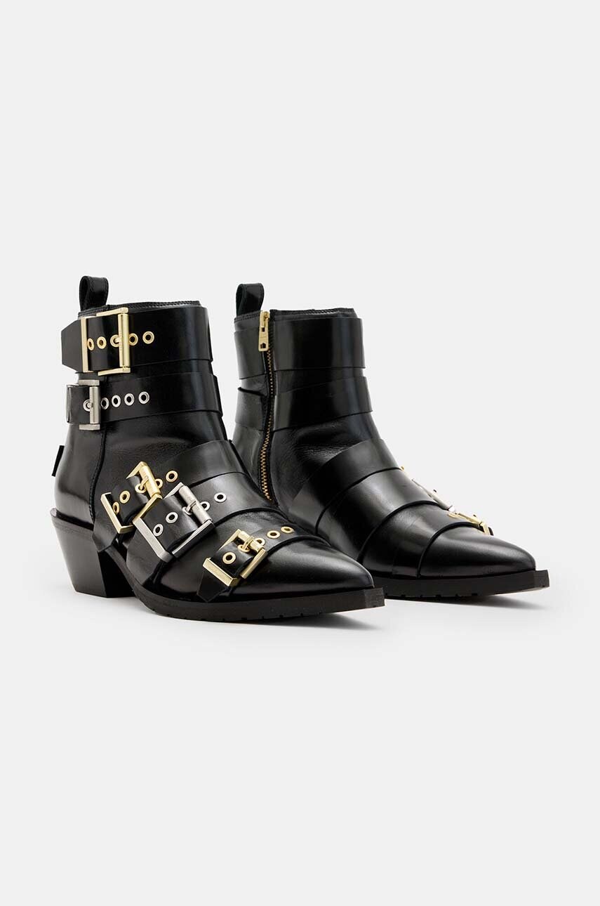 Шкіряні черевики AllSaints Jane Buckle Boot жіночі колір чорний каблук блок W019FB