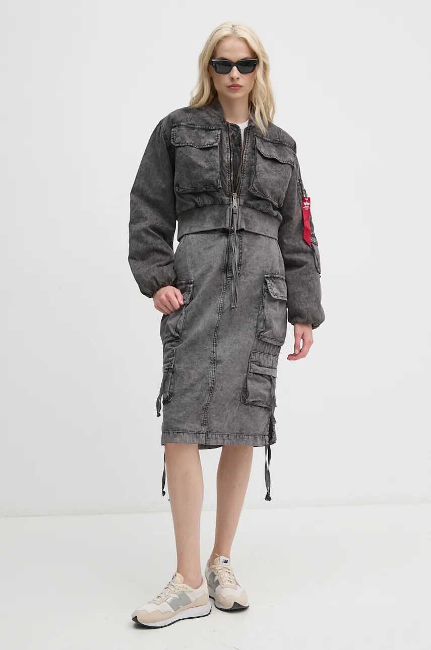 Бавовняна спідниця Alpha Industries колір сірий midi пряма 148068