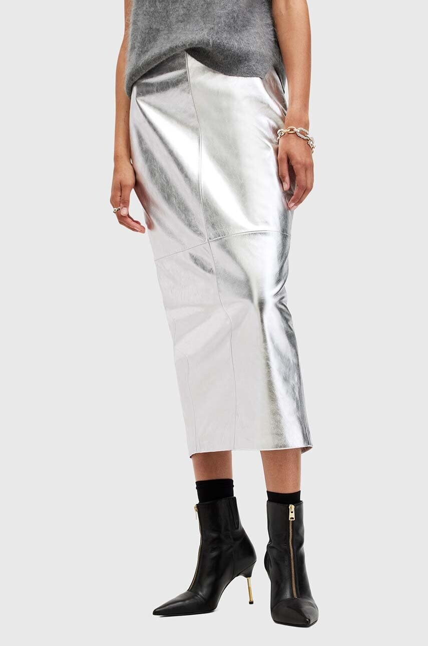 Шкіряна спідниця AllSaints RENAI PENCIL SKIRT колір срібний midi пряма W070RB