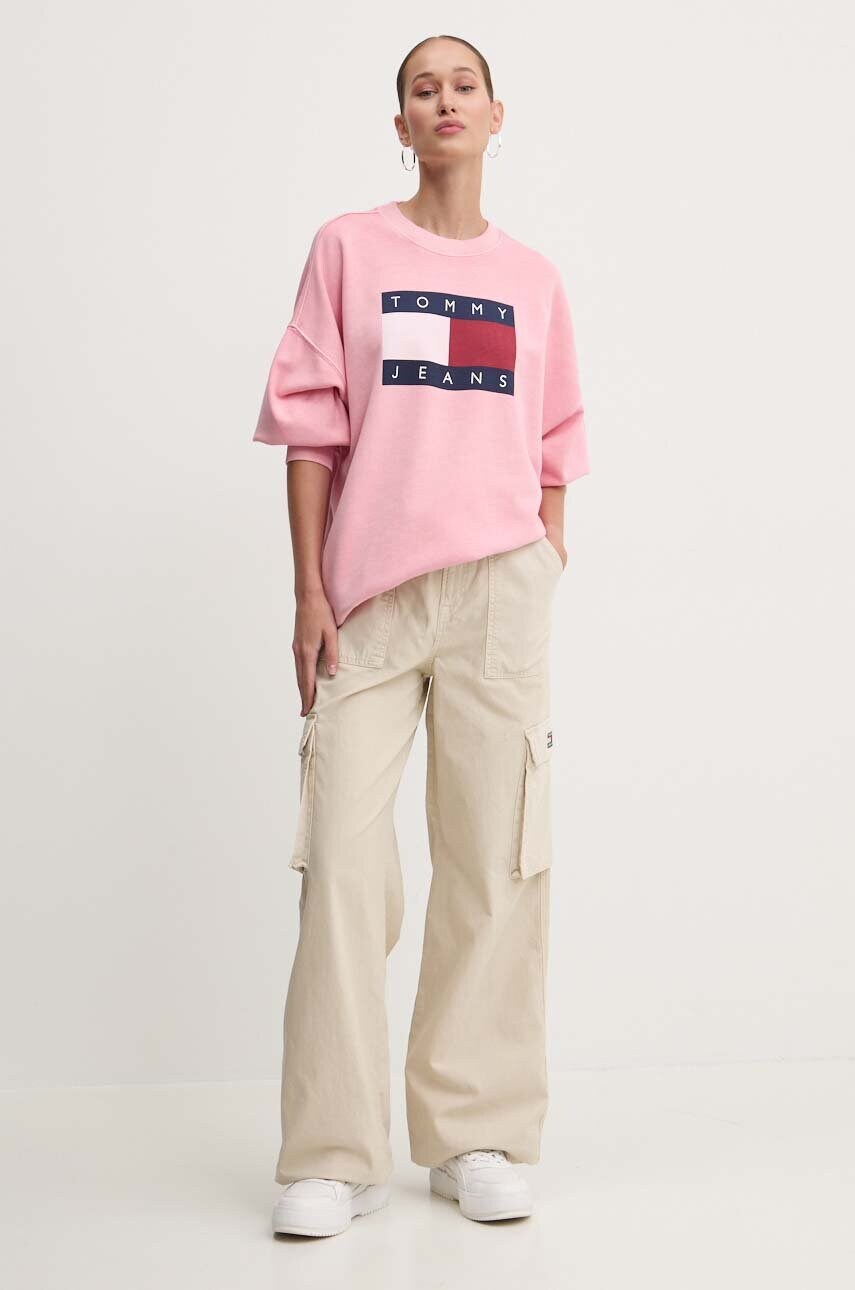 Бавовняні штани Tommy Jeans колір бежевий широкі висока посадка DW0DW18507