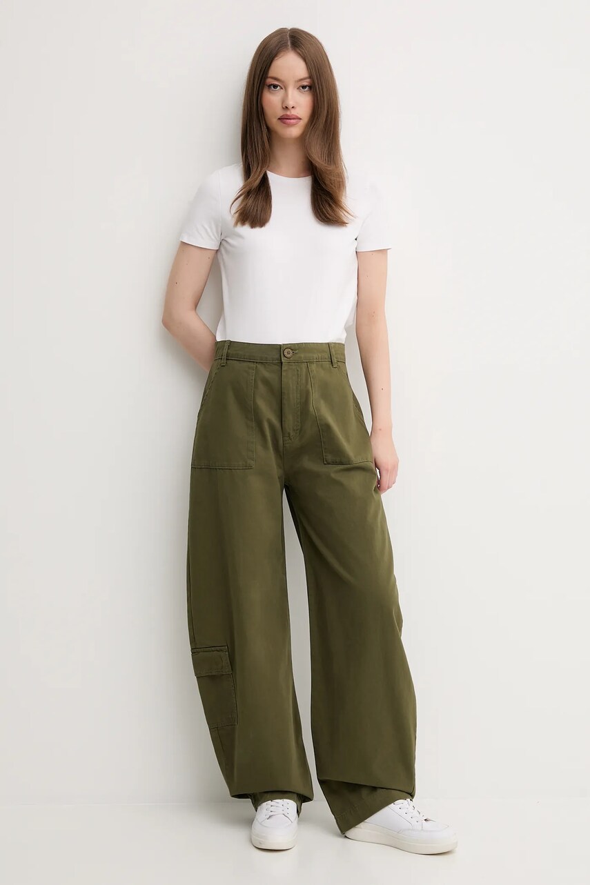Бавовняні штани Alpha Industries Field Pant колір зелений широкі висока посадка 148021