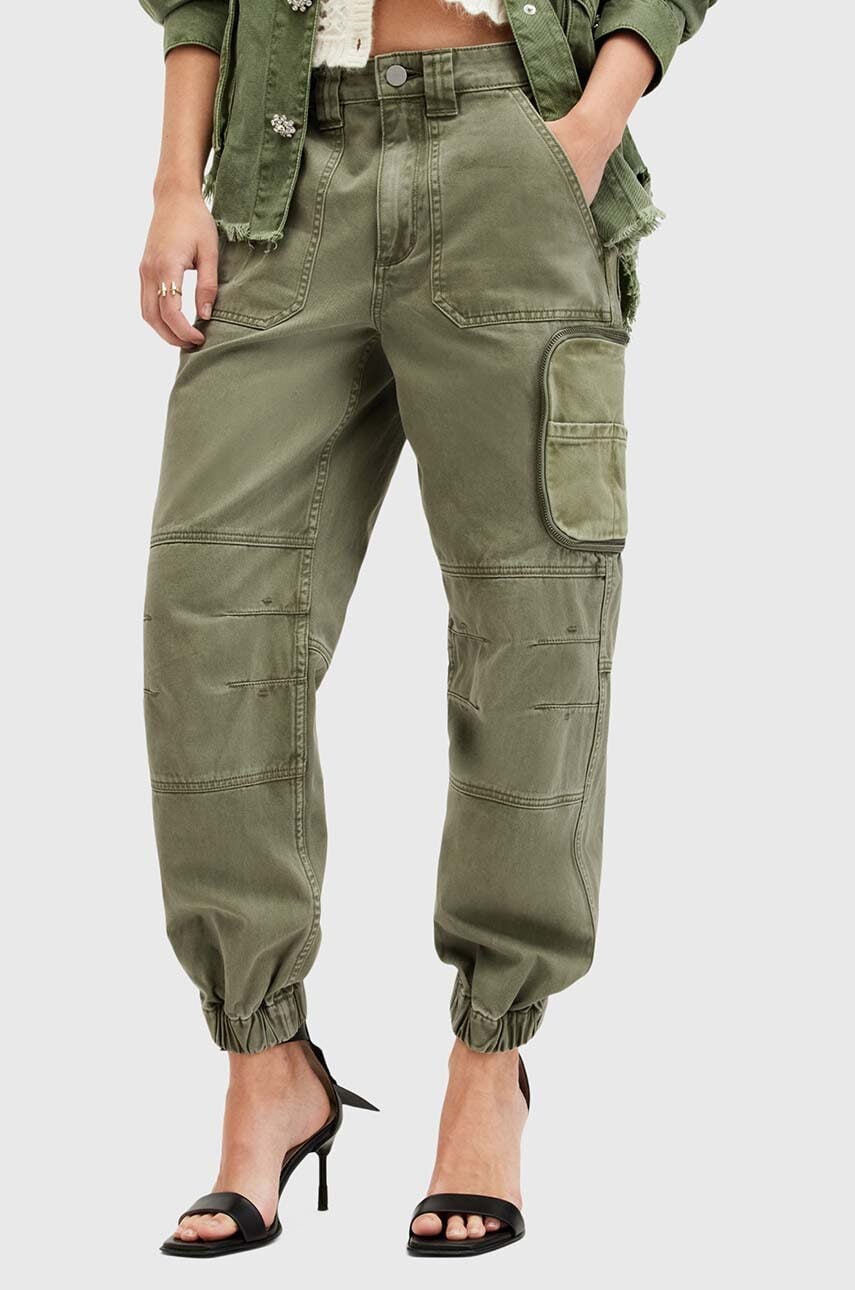 Бавовняні штани AllSaints FLORENCE JOGGER колір зелений фасон cargo середня посадка W017TB