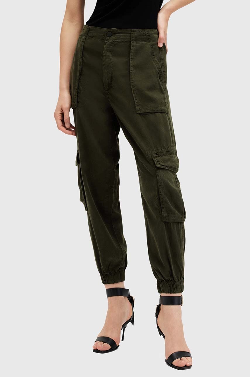 Штани AllSaints FREDA TENCEL TROUSER жіночі колір зелений фасон cargo висока посадка W051TB