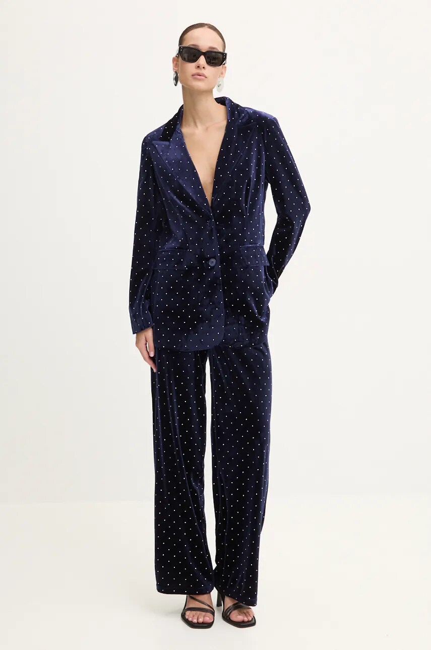Велюрові штани Never Fully Dressed Arden Trousers колір синій прямі висока посадка NFDTR382