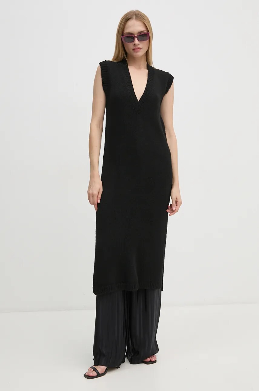 Сукня з домішкою вовни Sisley колір чорний midi пряма 1276MV00T