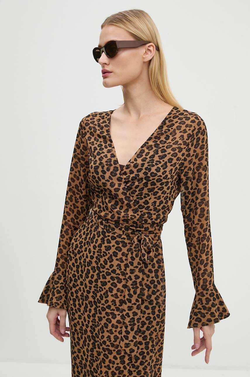 Сукня Never Fully Dressed Leopard Sheer Wrap Dress колір коричневий midi розкльошена NL28459