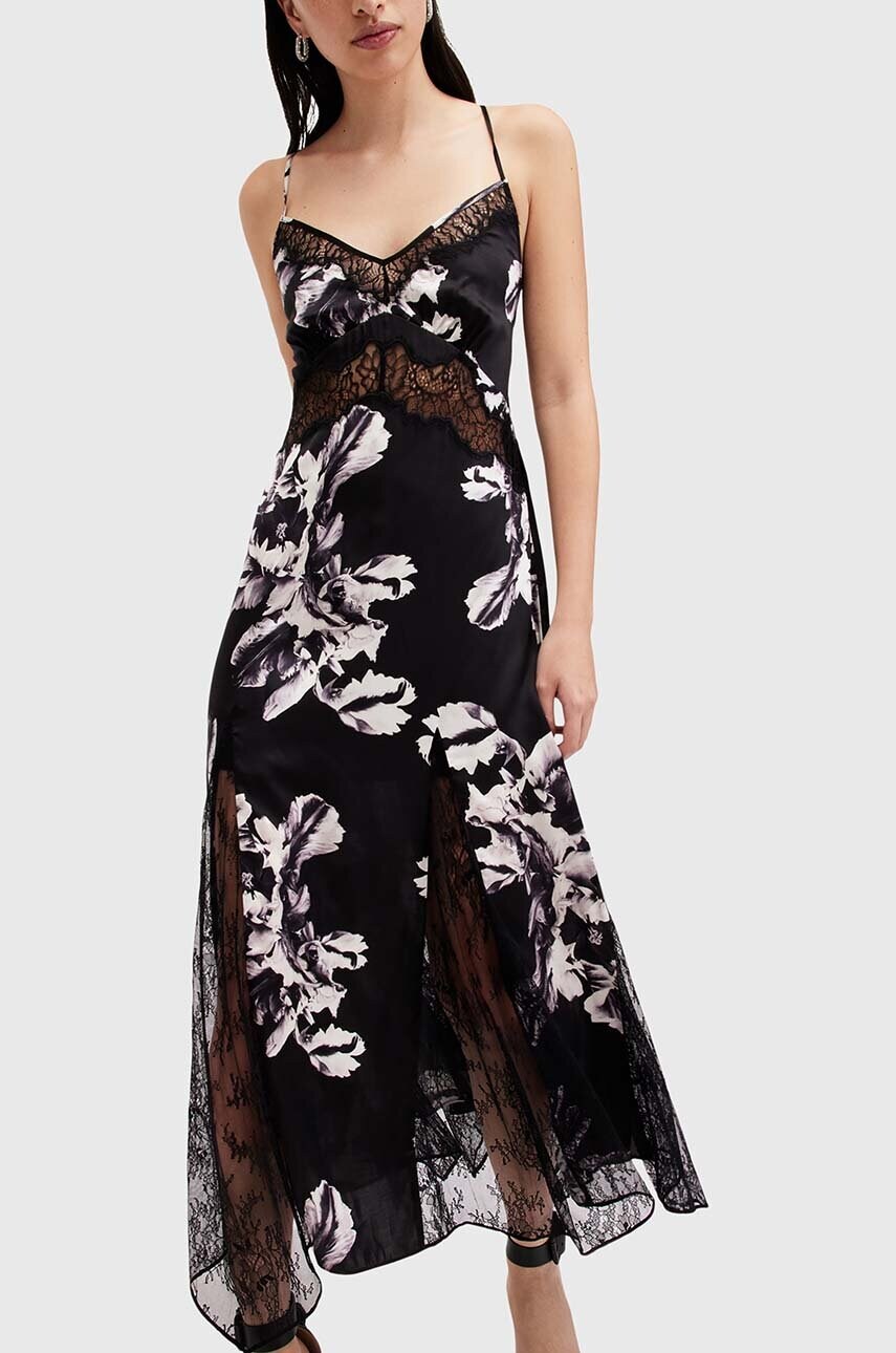 Сукня з шовком AllSaints JASMINE колір чорний maxi розкльошена W029DB