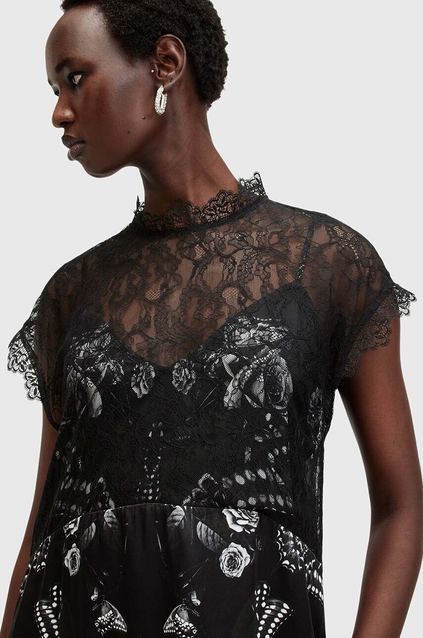 Сукня з домішкою шовку AllSaints GIAN DRESS колір чорний midi розкльошена W026DB