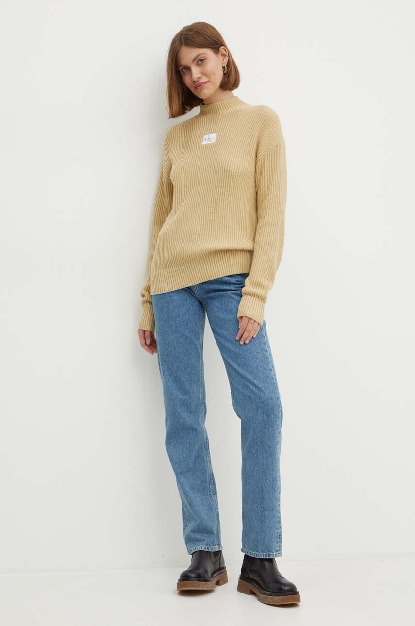 Бавовняний светр Calvin Klein Jeans колір бежевий півгольф J20J223609