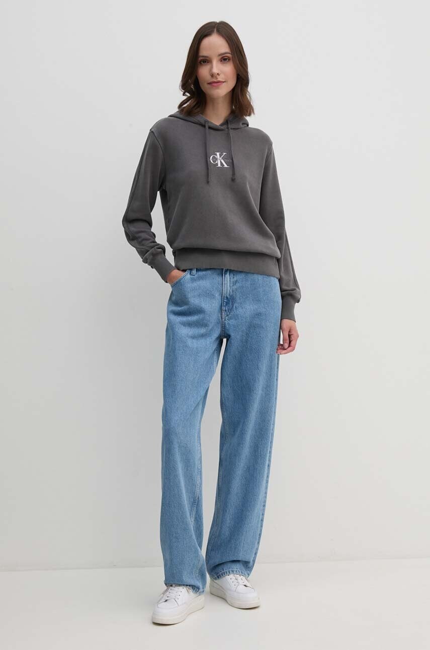 Бавовняна кофта Calvin Klein Jeans колір сірий з капюшоном з аплікацією J20J223534