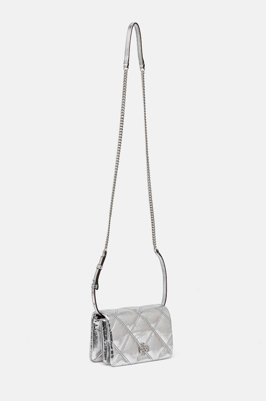 Шкіряна сумочка Tory Burch Kira Metallic Diamond колір срібний 158631