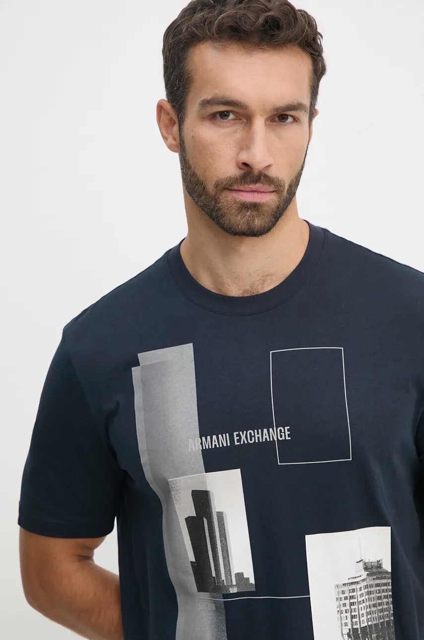Бавовняна футболка Armani Exchange чоловіча колір синій з принтом 6DZTHZ ZJBYZ