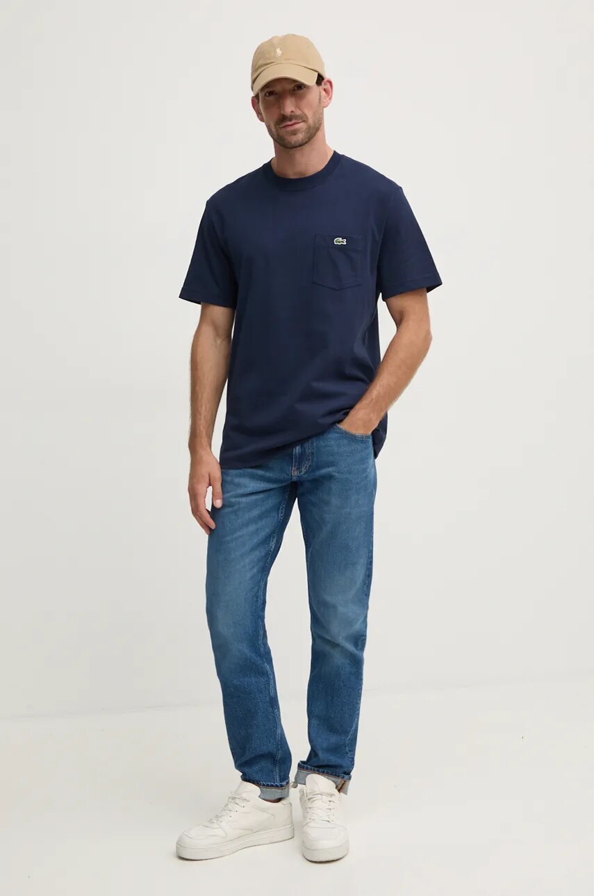 Бавовняна футболка Lacoste чоловіча колір синій однотонна TH2827