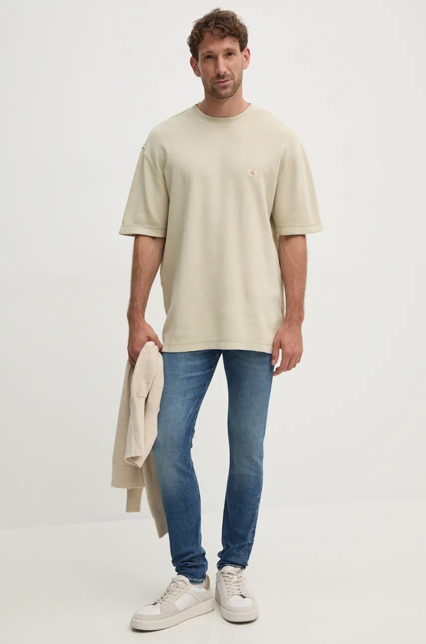 Бавовняна футболка Calvin Klein Jeans чоловіча колір бежевий з аплікацією J30J326457