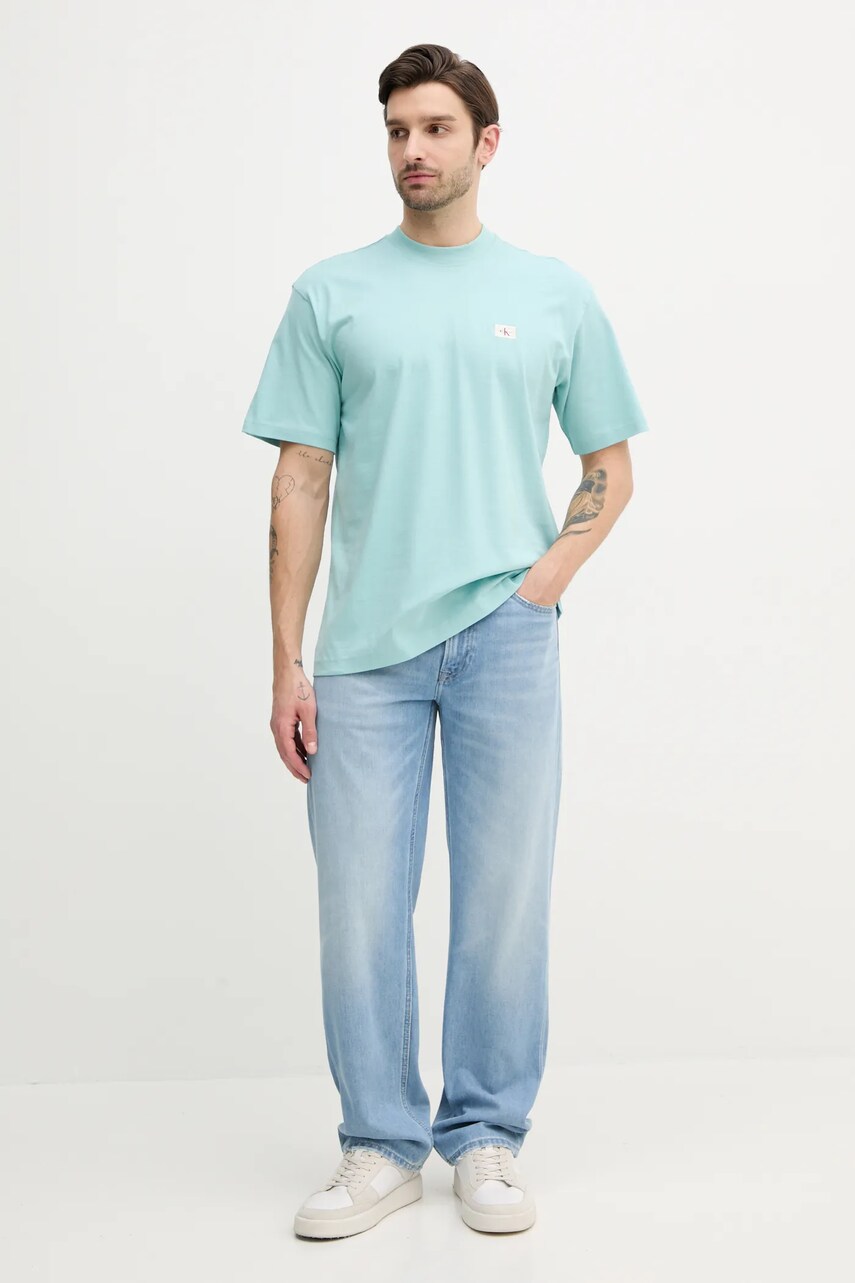 Бавовняна футболка Calvin Klein Jeans чоловіча колір бірюзовий однотонна J30J326857