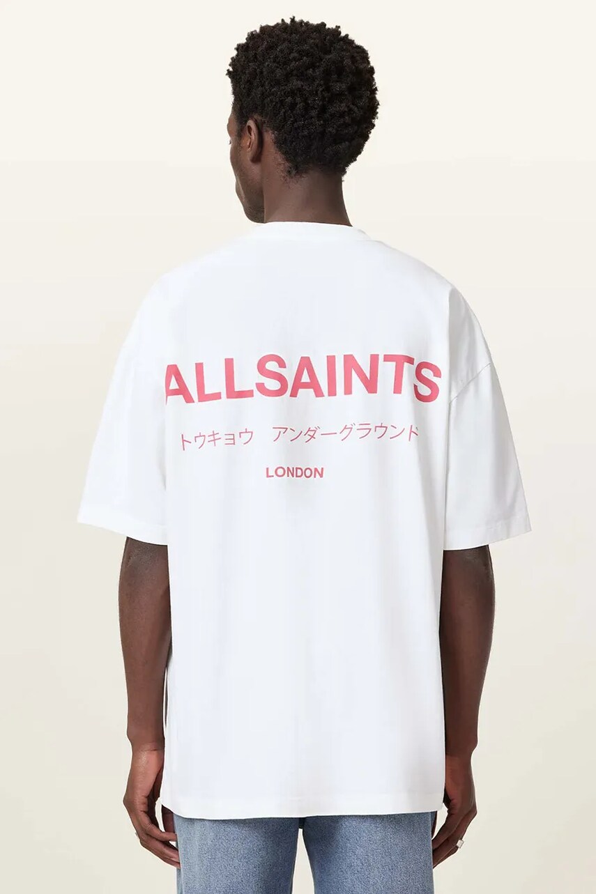Бавовняна футболка AllSaints UNDERGROUND чоловіча колір білий з принтом M071PB