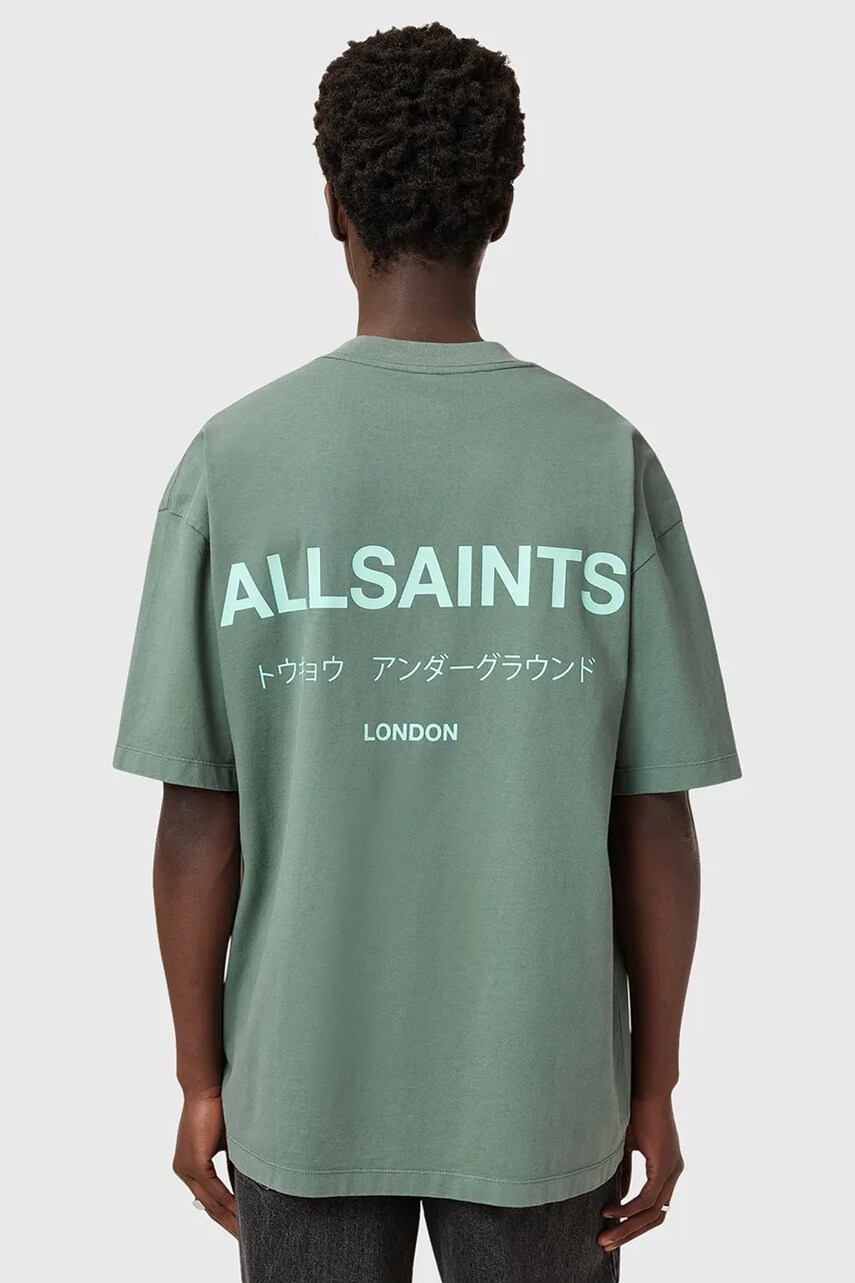 Бавовняна футболка AllSaints UNDERGROUND чоловіча колір зелений з принтом M071PB
