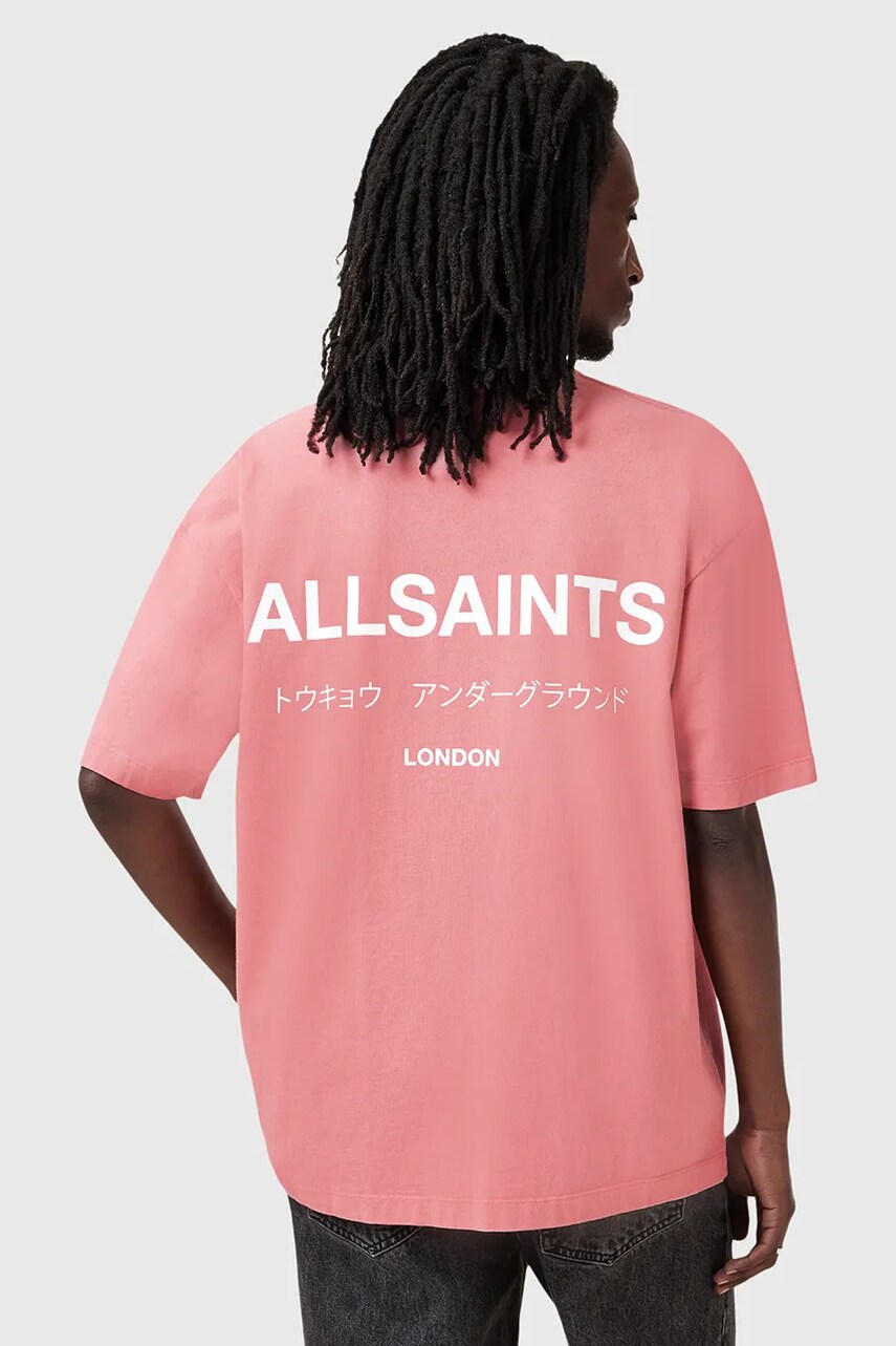 Бавовняна футболка AllSaints UNDERGROUND чоловіча колір рожевий з принтом M071PB