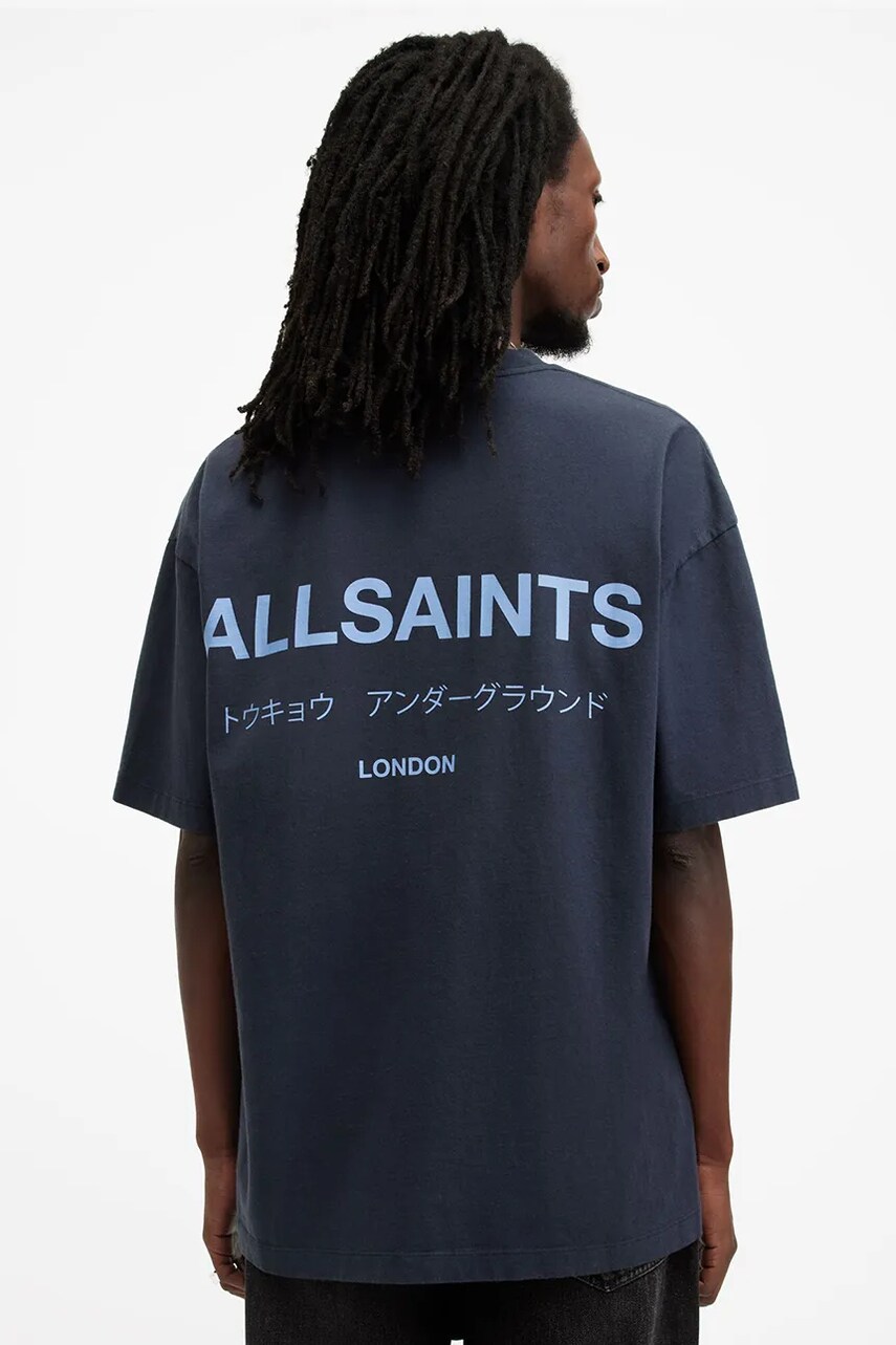 Бавовняна футболка AllSaints UNDERGROUND чоловіча колір синій з принтом M071PB